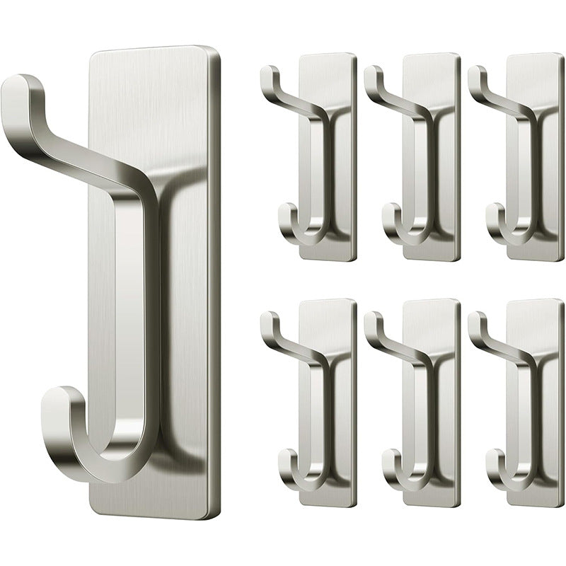 Silver Towel Hooks - Set of 6 - Self-Adhesive Wall Hooks - No Drilling Required - For Bathroom & Kitchen