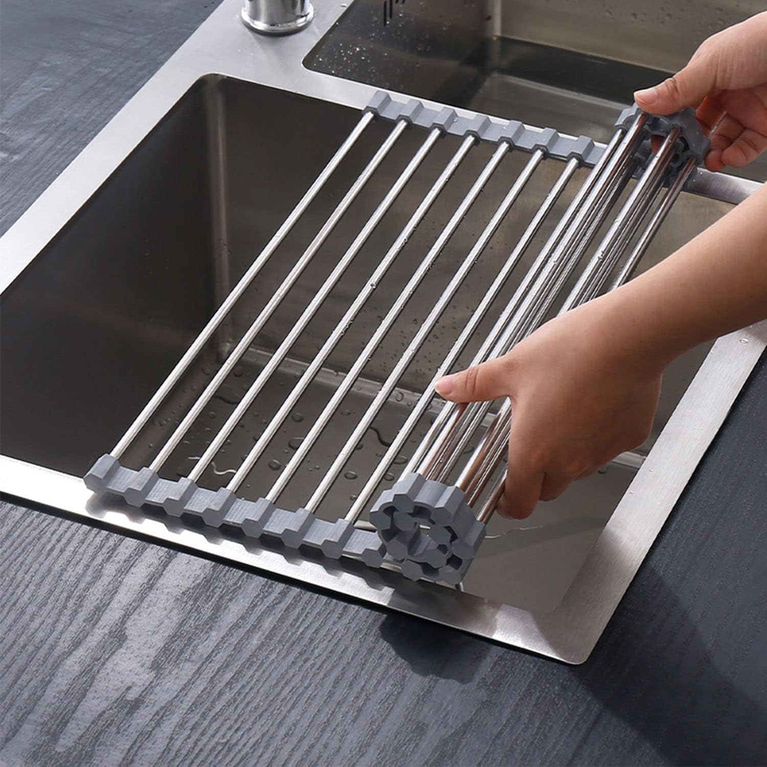 Roll-up Dish Draining Rack Grey - 43 x 35 cm - Sink Roll Mat - Draining Grid for Dishes & Vegetables