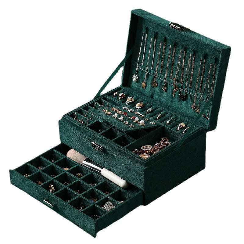 Velvet Jewelry Box with Lock - 3 Layers - Large Jewelry Organizer for Women - With Drawers & Compartments - Green