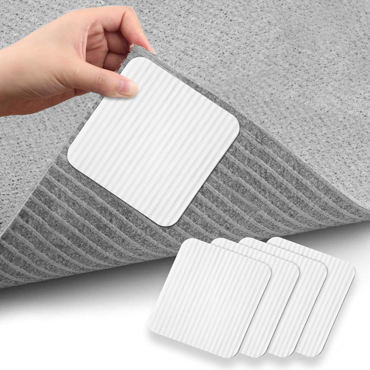 Rug Stoppers Square - Set of 4 - 10 x 10 cm - Anti-Slip Pads for Carpet - Washable & Reusable - White