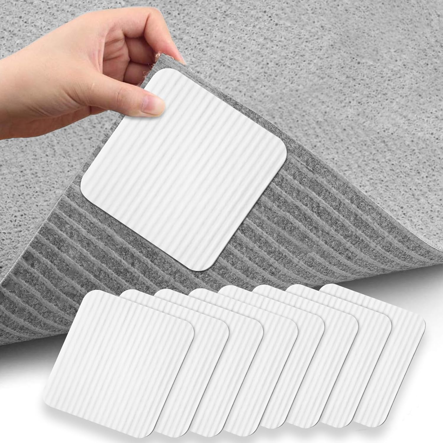 Rug Stoppers Square - Set of 8 - 10 x 10 cm - Anti-Slip Pads for Carpet - Washable & Reusable - White