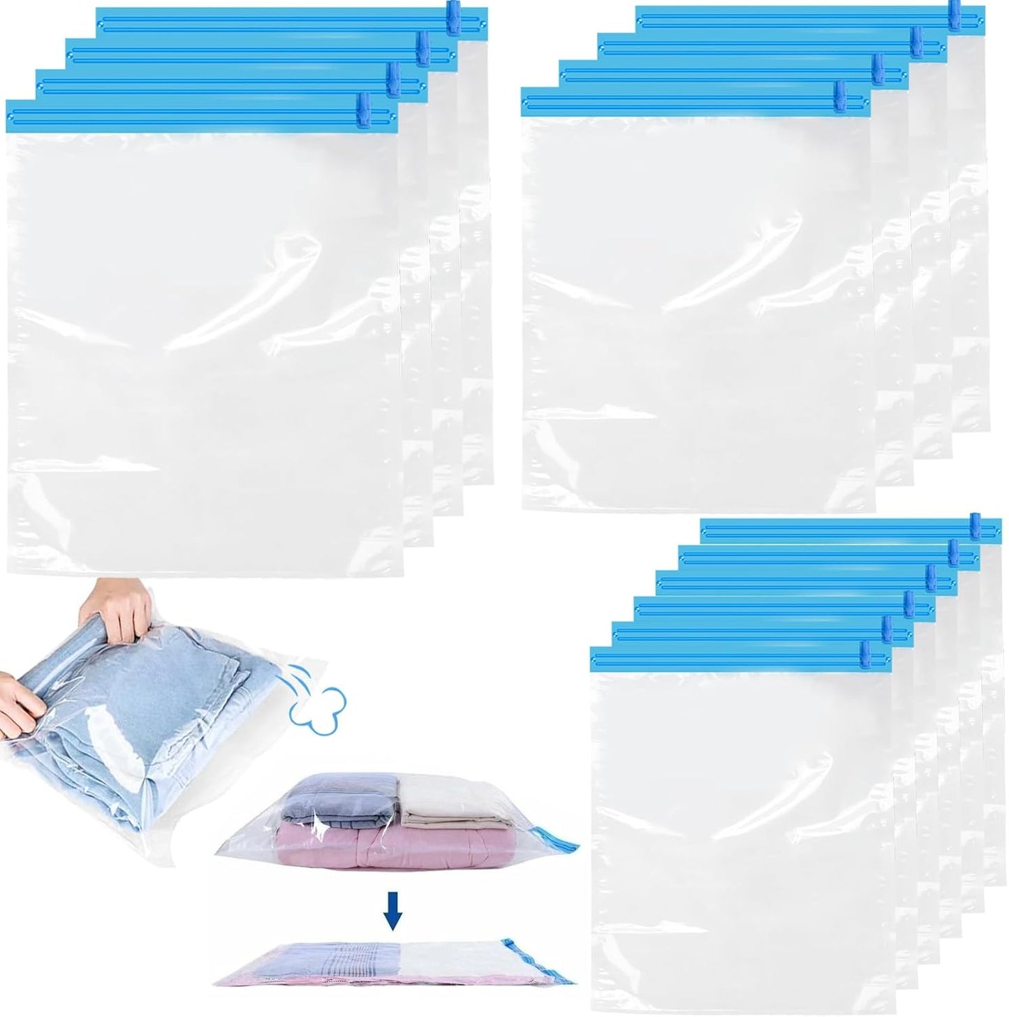 Roll Up Vacuum Bags for Travel - Pack of 14 - Clothing Compression Bags - No Pump Needed - 3 Sizes (35x50/40x50/40x60 cm)
