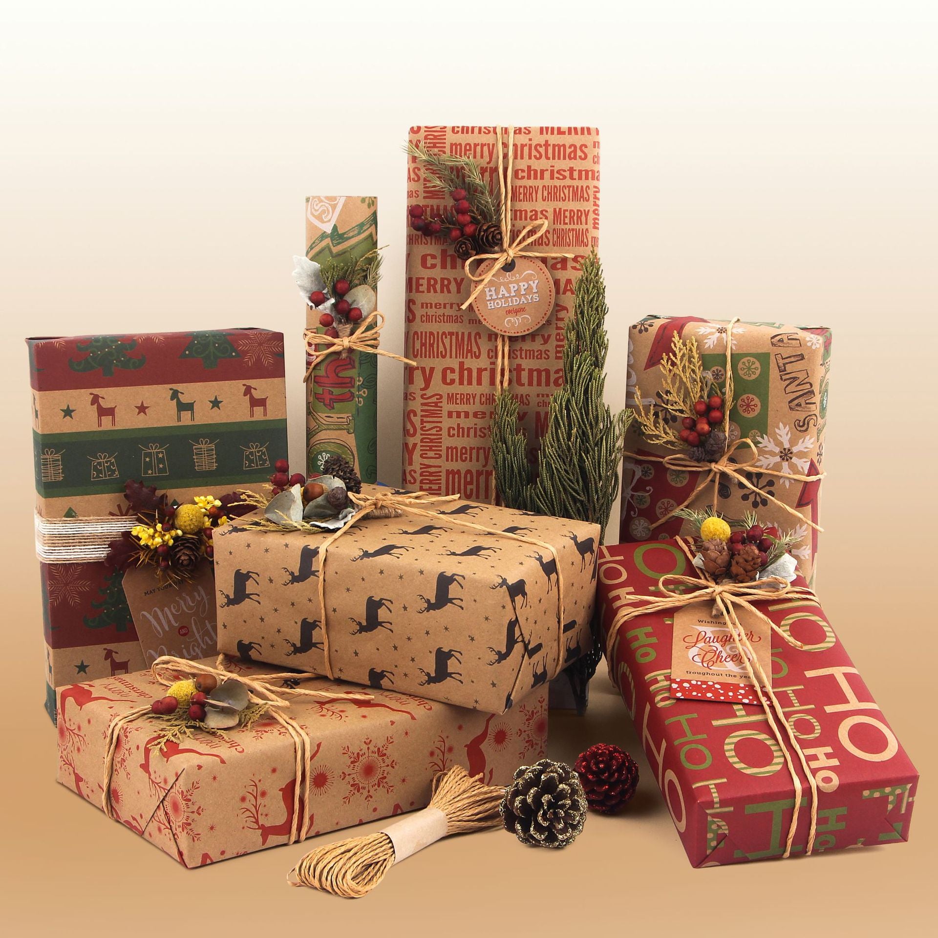 Christmas Wrapping Paper - 6 Sheets - Retro & Vintage Design - Complete Set with 2x Rope, Tape & Stickers - Gift Wrap