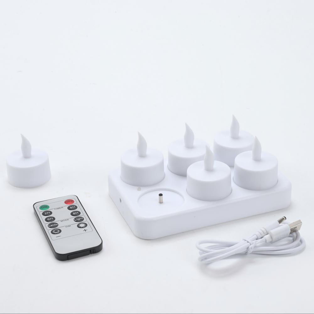 Rechargeable LED Candles with - Electronic Candle - Plastic Tea Lamp - Halloween, Birthday, Valentine's Day Home Decor - Rechargeable - 6 Seats - White