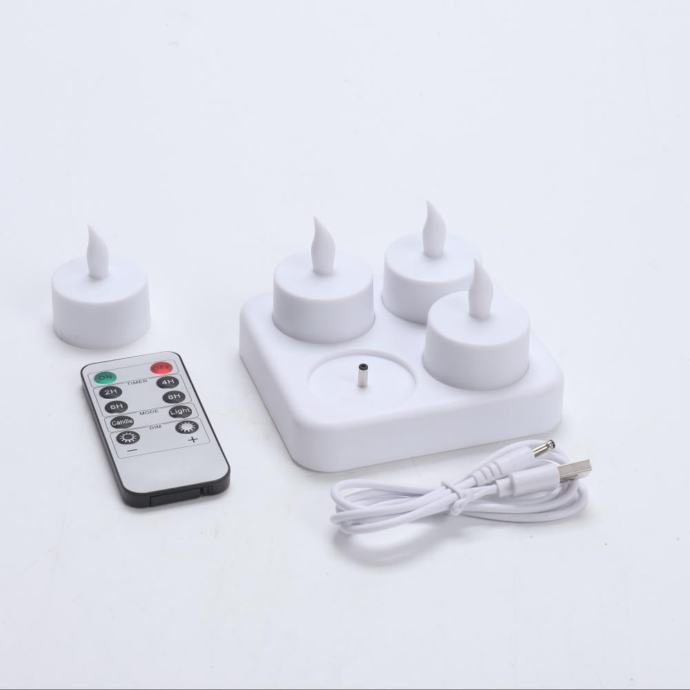 Rechargeable LED Candles with - Electronic Candle - Plastic Tea Lamp - Halloween, Birthday, Valentine's Day Home Decor - Rechargeable - 4 Seats - White