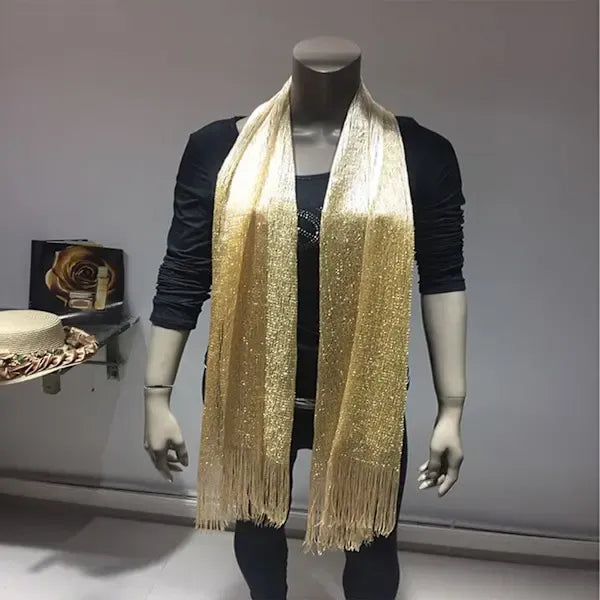 Gold Lightweight Artificial Polyester Shawl Wrap Scarf with Tassel Trim for Spring Autumn, Modern Elegant Party Cover-Up