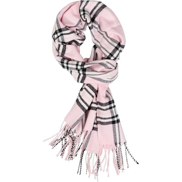 Light Pink Plaid Plum Feathers Super Soft Cashmere Feel Unisex Winter Scarf 180x30 cm, Breathable Checkered Print with Fringe for All Seasons