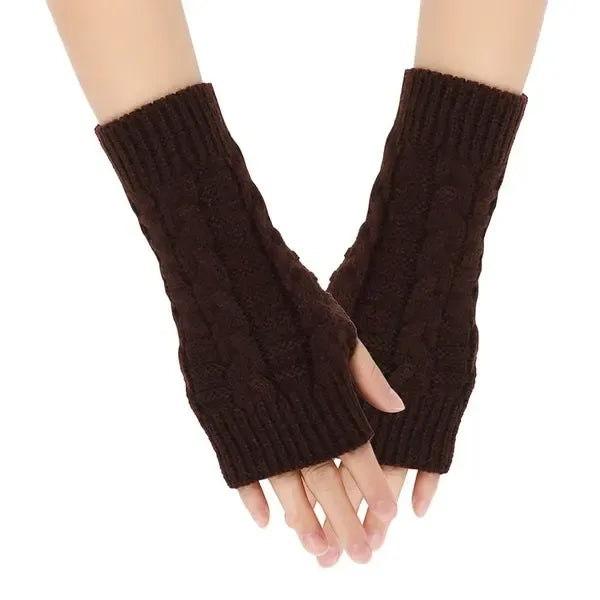 Brown Fingerless Wrist Mittens for Women, Classic Acrylic Knit Gloves Available in 9 Colors, Ideal for Typing Driving and Casual Cool Weather Wear