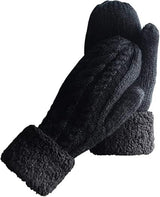 Black Thick Fleece Lined Insulated Mittens for Women, Crochet Knit Design with Inner Fleece Lining, Button Fastening Stretchy Fit for Cold Weather