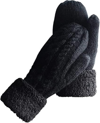 Black Thick Fleece Lined Insulated Mittens for Women, Crochet Knit Design with Inner Fleece Lining, Button Fastening Stretchy Fit for Cold Weather