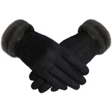 Women's Elegant Faux Suede Winter Gloves with Cozy Fleece Lining and Faux Fur Cuff, Touchscreen Compatible Right Index Finger, Available in 9 Attractive Colors