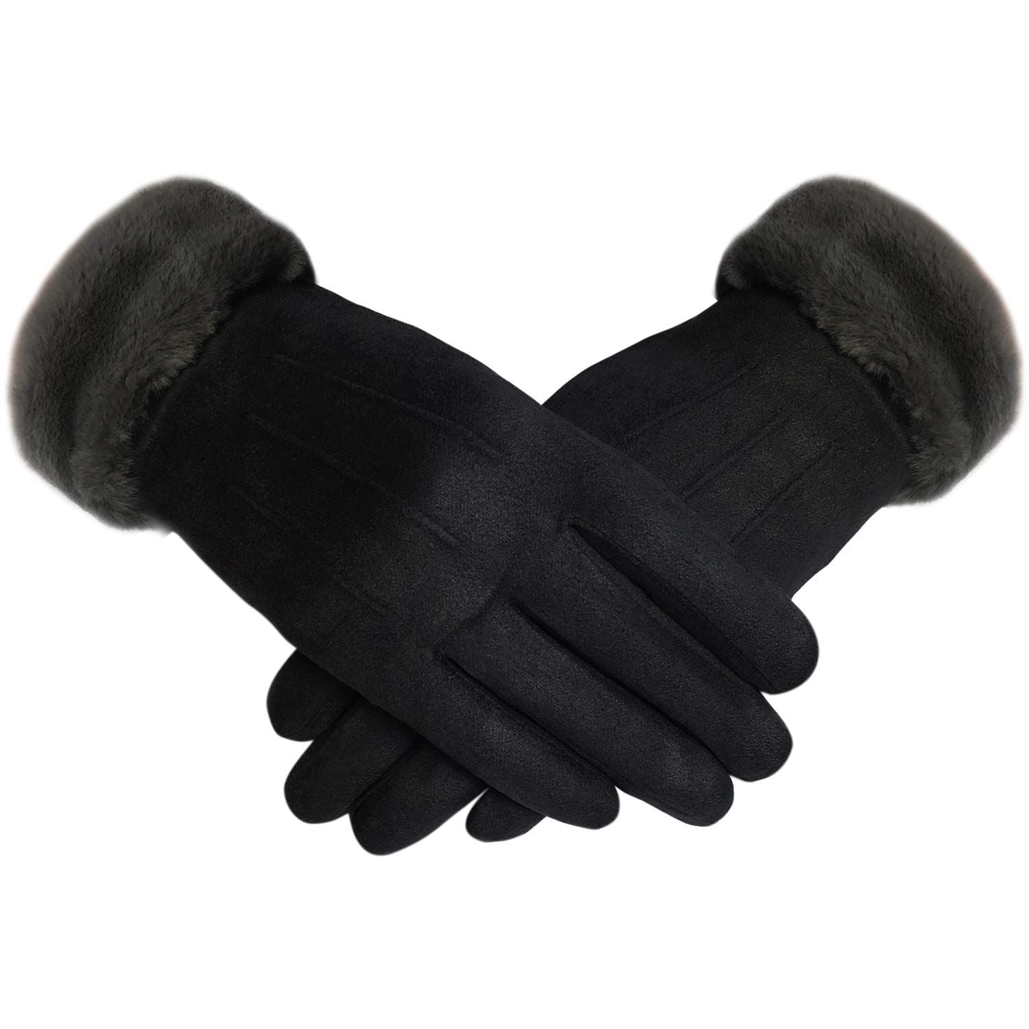 Women's Elegant Faux Suede Winter Gloves with Cozy Fleece Lining and Faux Fur Cuff, Touchscreen Compatible Right Index Finger, Available in 9 Attractive Colors