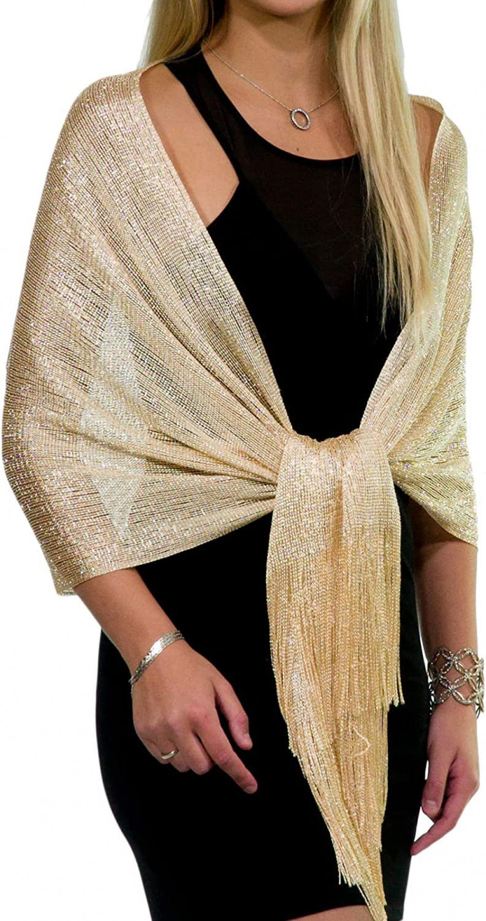 Gold European Style Silk Scarf Tassel Shawl for Women 50x164 cm, Lightweight with Silver Glitter Thread, Perfect for Evening Parties and Formal Events