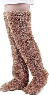 Brown Over Knee High Fuzzy Plush Teddy Slipper Socks for Women, Open Toe Non-Slip Design, Extra Long 55 cm for Warmth Indoors and Outdoors