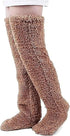 Brown Over Knee High Fuzzy Plush Teddy Slipper Socks for Women, Open Toe Non-Slip Design, Extra Long 55 cm for Warmth Indoors and Outdoors