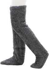 Navy Grey Over Knee High Fuzzy Plush Teddy Slipper Socks for Women, Open Toe Non-Slip Extra Long 55 cm for Warmth Indoors Outdoors, Perfect Gift for Christmas