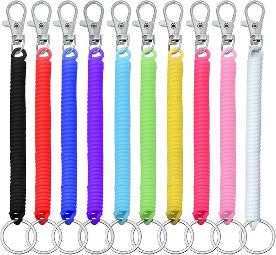 10 Pack Retractable Coil Keychains with Key Rings and Lobster Clasps for Keys, ID Cards and Bags, Assorted Colours, 15-102 cm