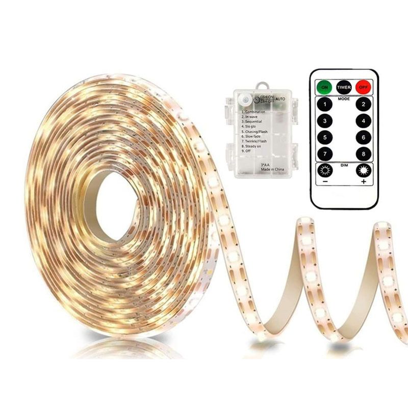 Battery Operated Warm White LED Strip Lights with Remote Control, 8 Modes, Dimmable Timer and Cuttable Self-Adhesive Backing