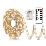 Battery Operated Warm White LED Strip Lights with Remote Control, 8 Modes, Dimmable Timer and Cuttable Self-Adhesive Backing