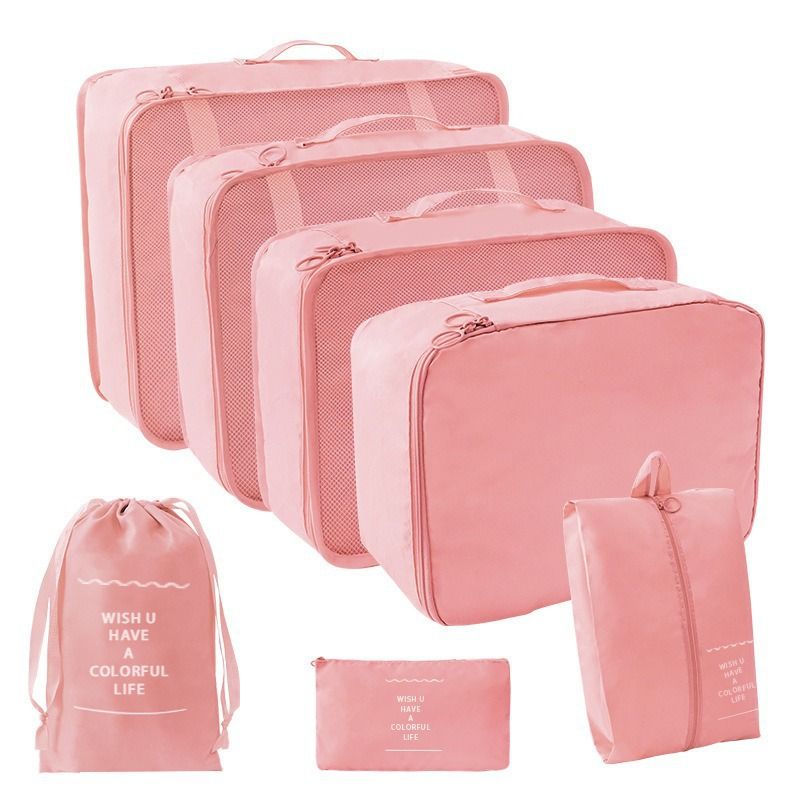 7 Piece Travel Packing Cube Set with Lightweight Waterproof Nylon Organisers for Carry-On Luggage, Holidays and Business Trips, Pink