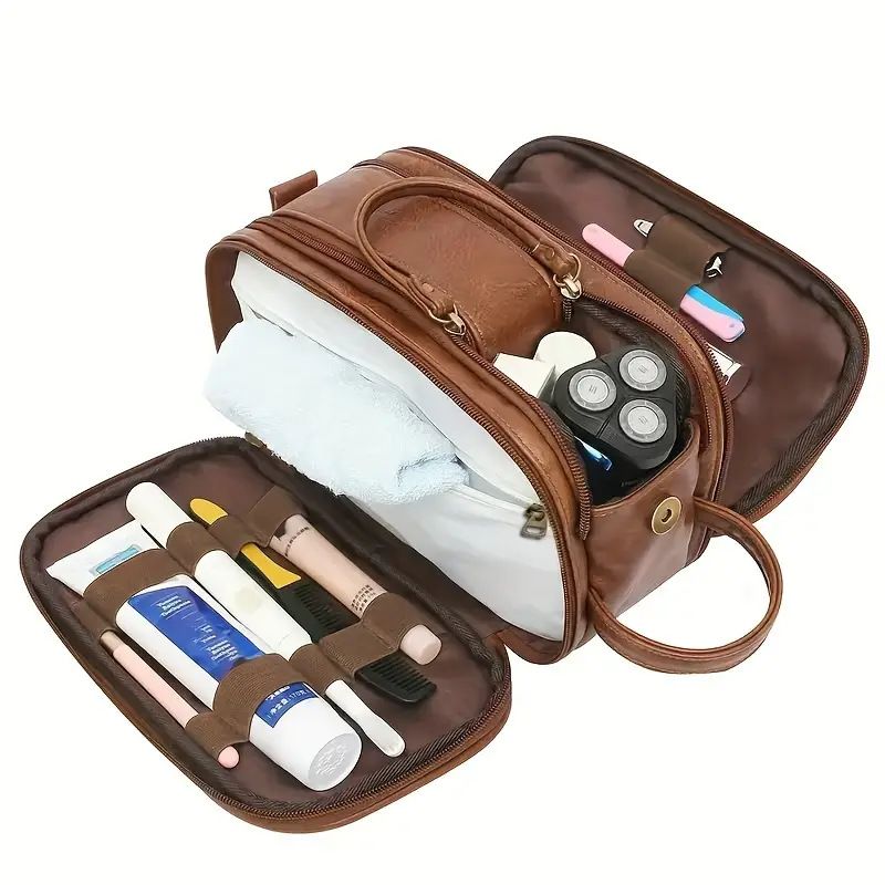 Large PU Leather Toiletry Bag with Dual Zip Compartments and Carry Handle for Travel, Cosmetics and Grooming, Brown, 26 x 15 x 16 cm
