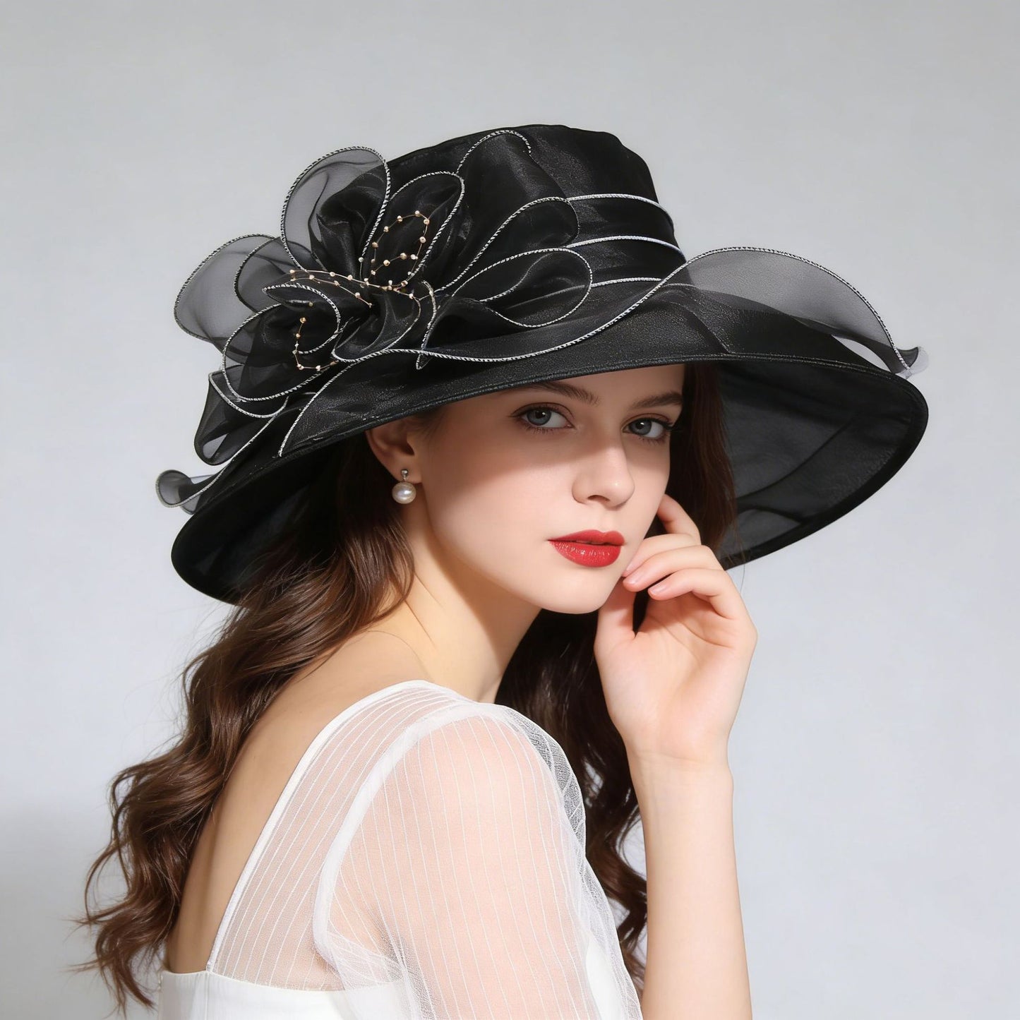 Women's Foldable Organza Wide Brim Sun Hat with Breathable Mesh Design for Beach, Travel and Garden Wear, Black, 56-58 cm
