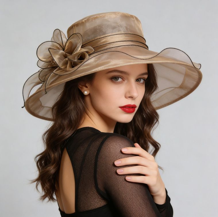 Women's Foldable Organza Wide Brim Sun Hat with Breathable Mesh Design for Beach, Travel and Garden Wear, Khaki, 56-58 cm