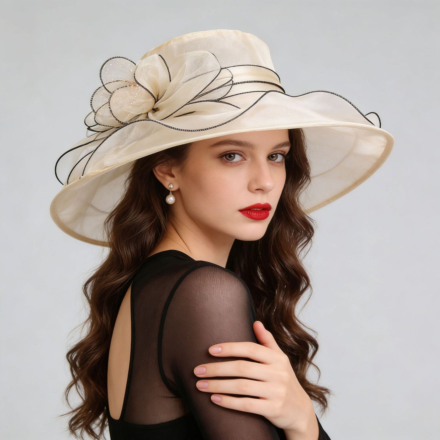 Women's Foldable Organza Wide Brim Sun Hat with Breathable Mesh Design for Beach, Travel and Garden Wear, Beige, 56-58 cm