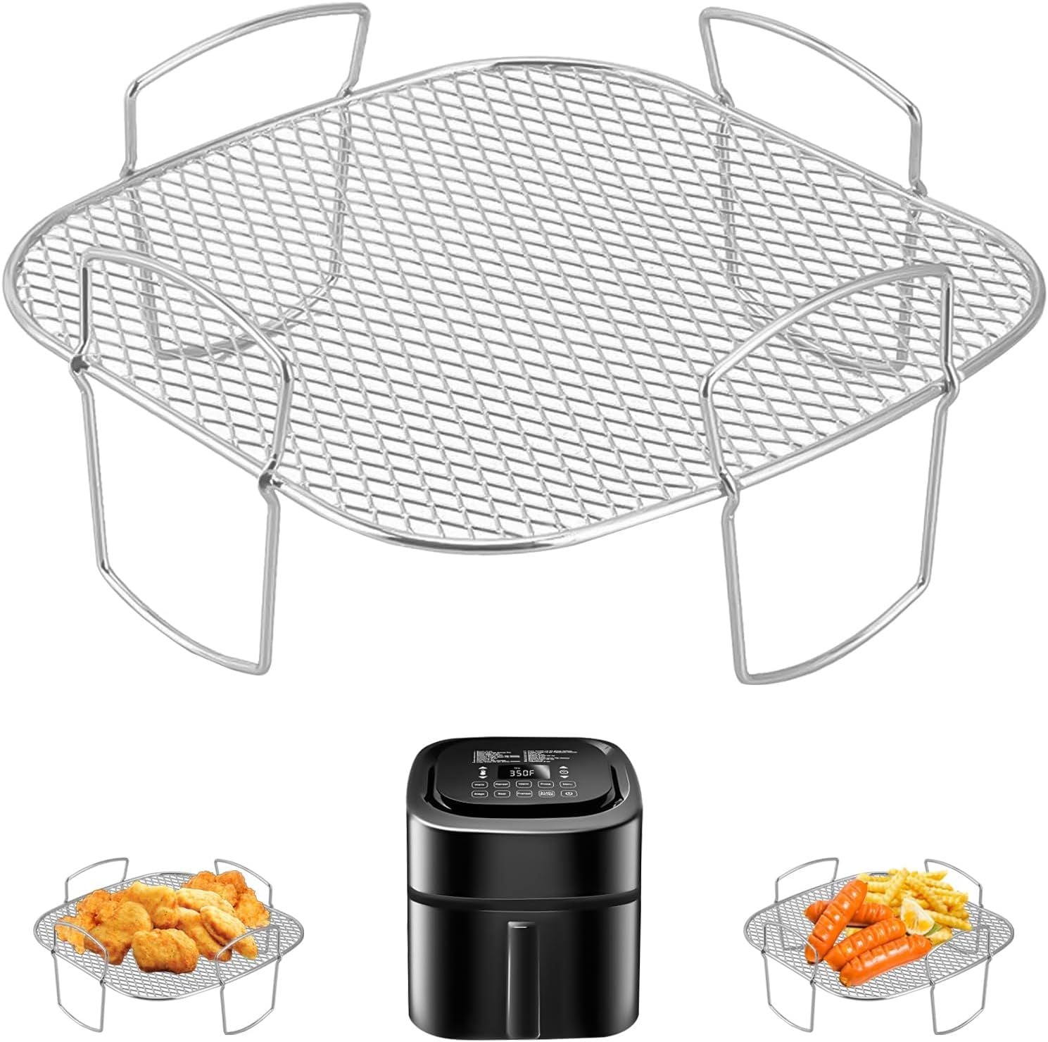 Square Stainless Steel Air Fryer Basket Rack with Raised Mesh Base for Crisp Cooking, Roasting and Baking, Silver, 20 x 20 x 9 cm
