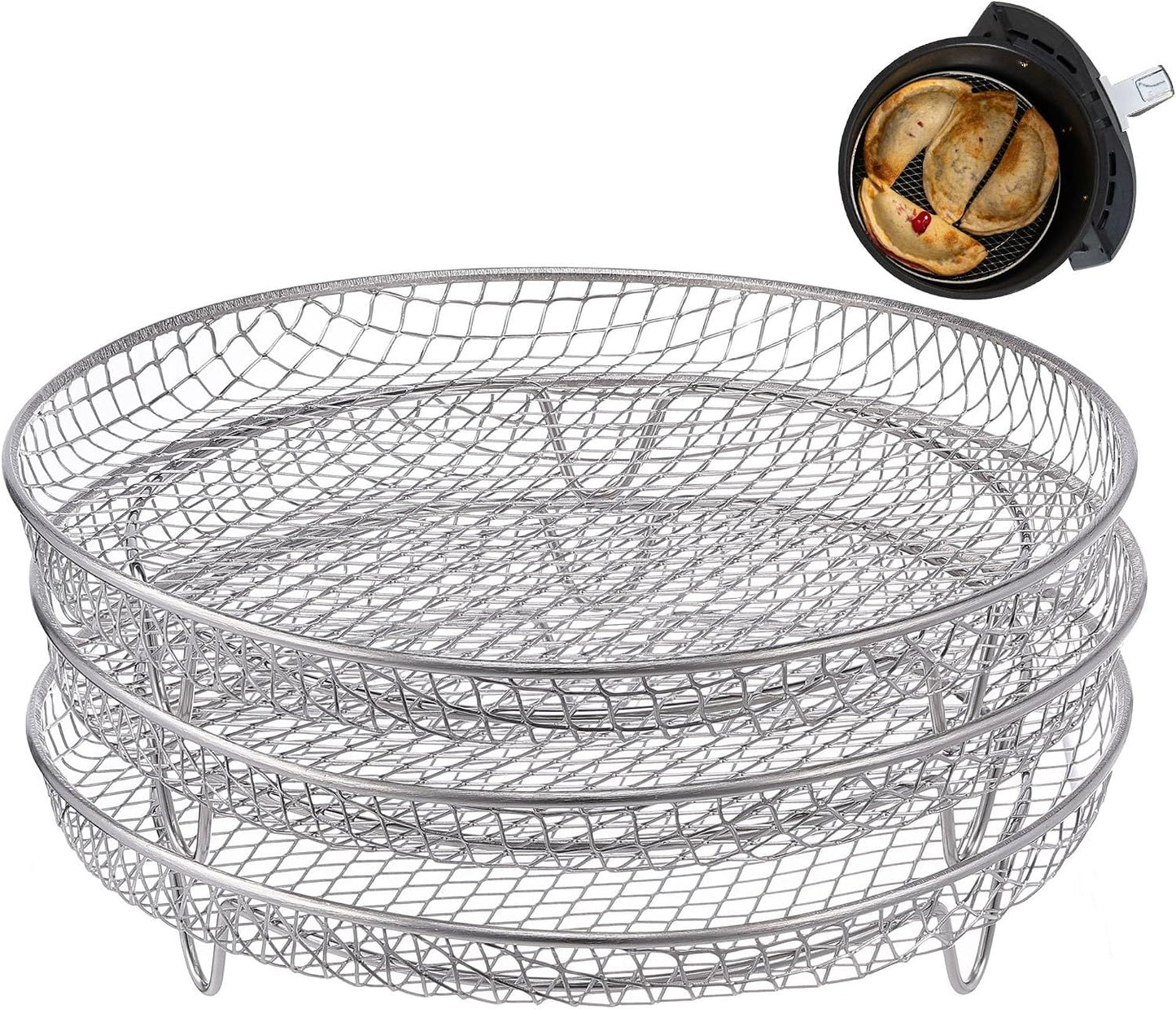 3 Tier Round Stainless Steel Air Fryer Rack with Stackable Mesh Layers for Baking, Drying and Crisp Cooking in Ovens and Air Fryers
