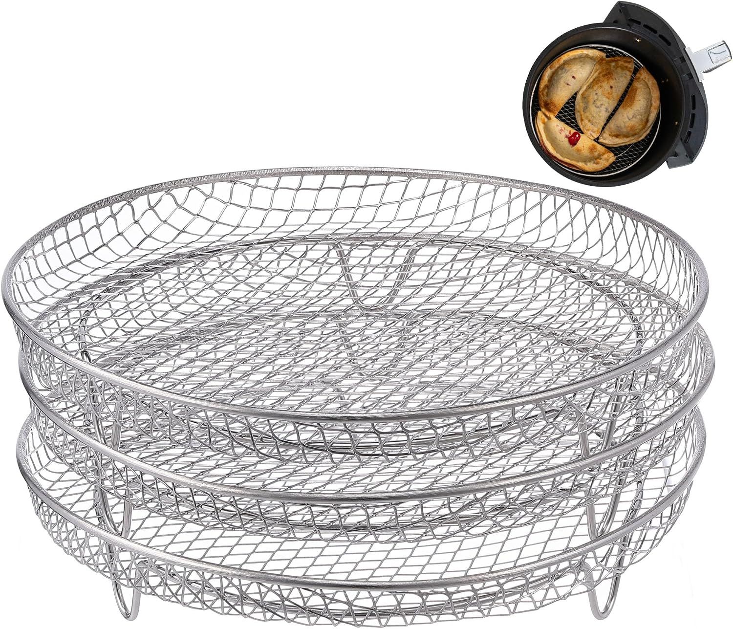 3 Tier Round Stainless Steel Air Fryer Rack with Stackable Mesh Layers for Baking, Drying and Crisp Cooking in Ovens and Air Fryers