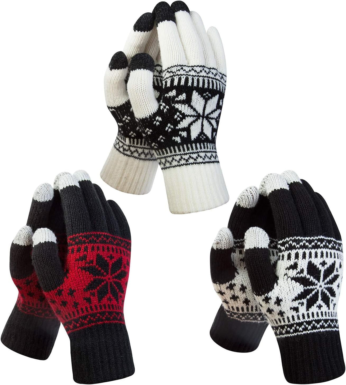 3 Pairs Touch Screen Gloves with Snow Flower Pattern, Warm Knit Winter Gloves Christmas Gifts Stocking Stuffers for Women Black White Red