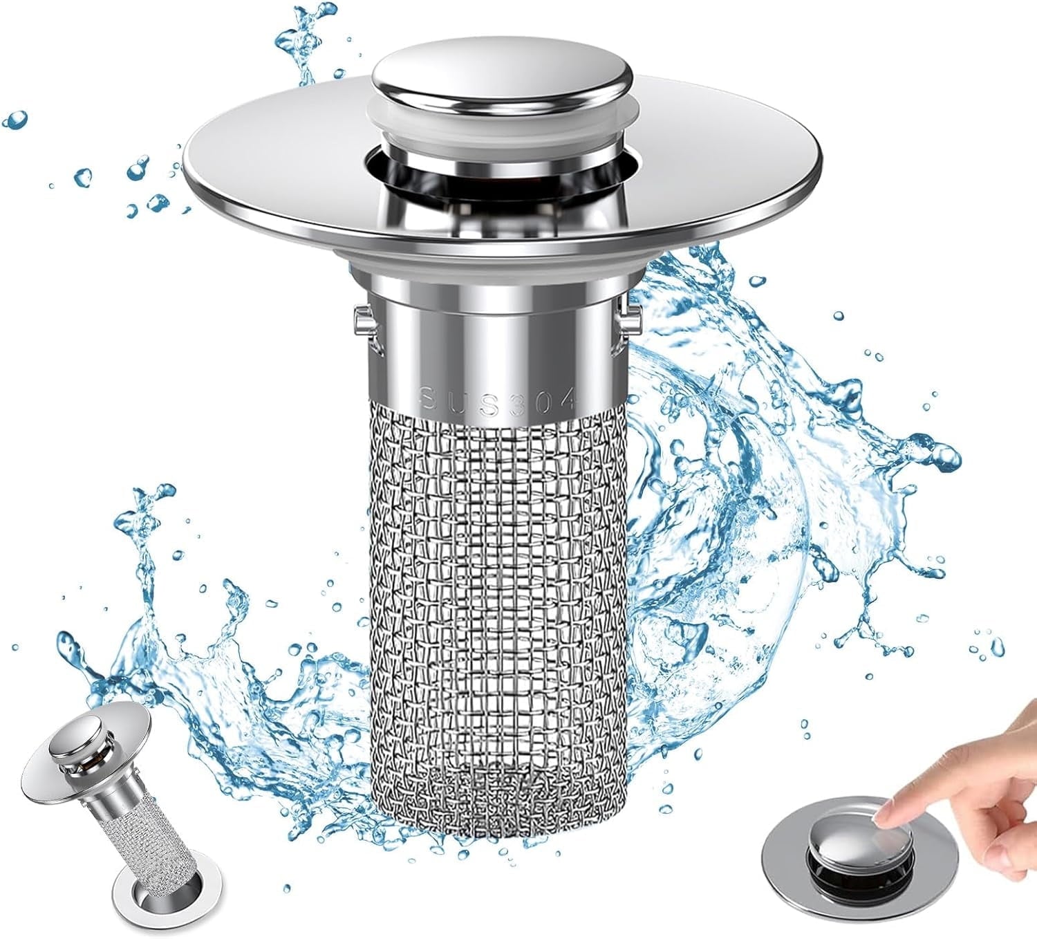 Bathroom Sink Drain Stopper - Pop Up Drain Plug with 1 Replacement Filters Basket, Removable Stainless Steel Floor Drain Filter, Anti Clogging Sink Strainer Hair Catcher for Washroom (Silver)