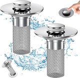 Bathroom Sink Drain Stopper - Pop Up Drain Plug with 1 Replacement Filters Basket, Removable Stainless Steel Floor Drain Filter, Anti Clogging Sink Strainer Hair Catcher for Washroom (Silver)