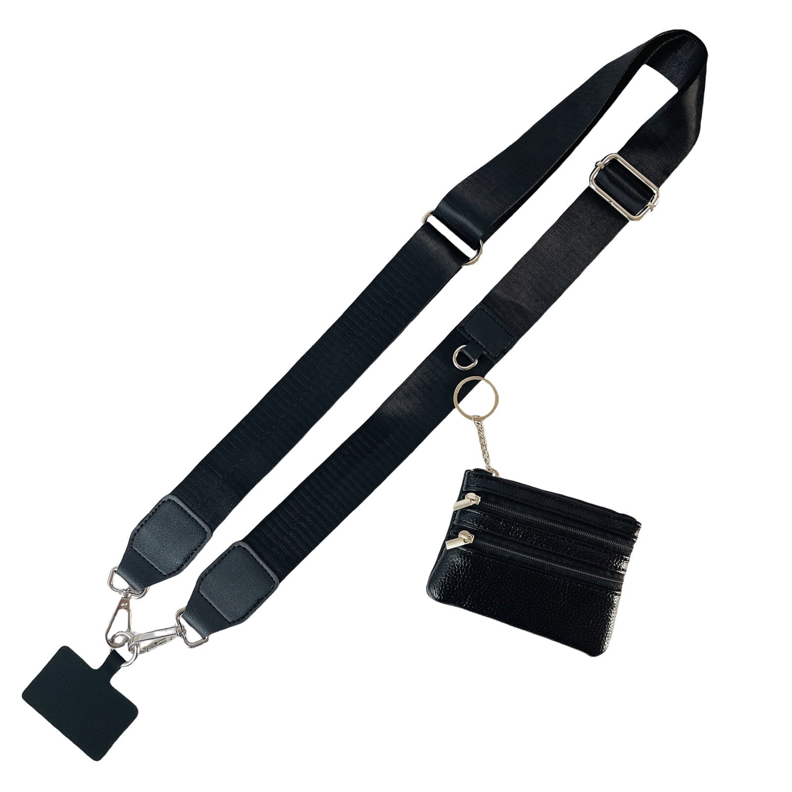 Clip and Go Phone Strap with Zipper Pouch,Crossbody Adjustable Chain Lanyard with PU Leather Wallet for All Phones Black