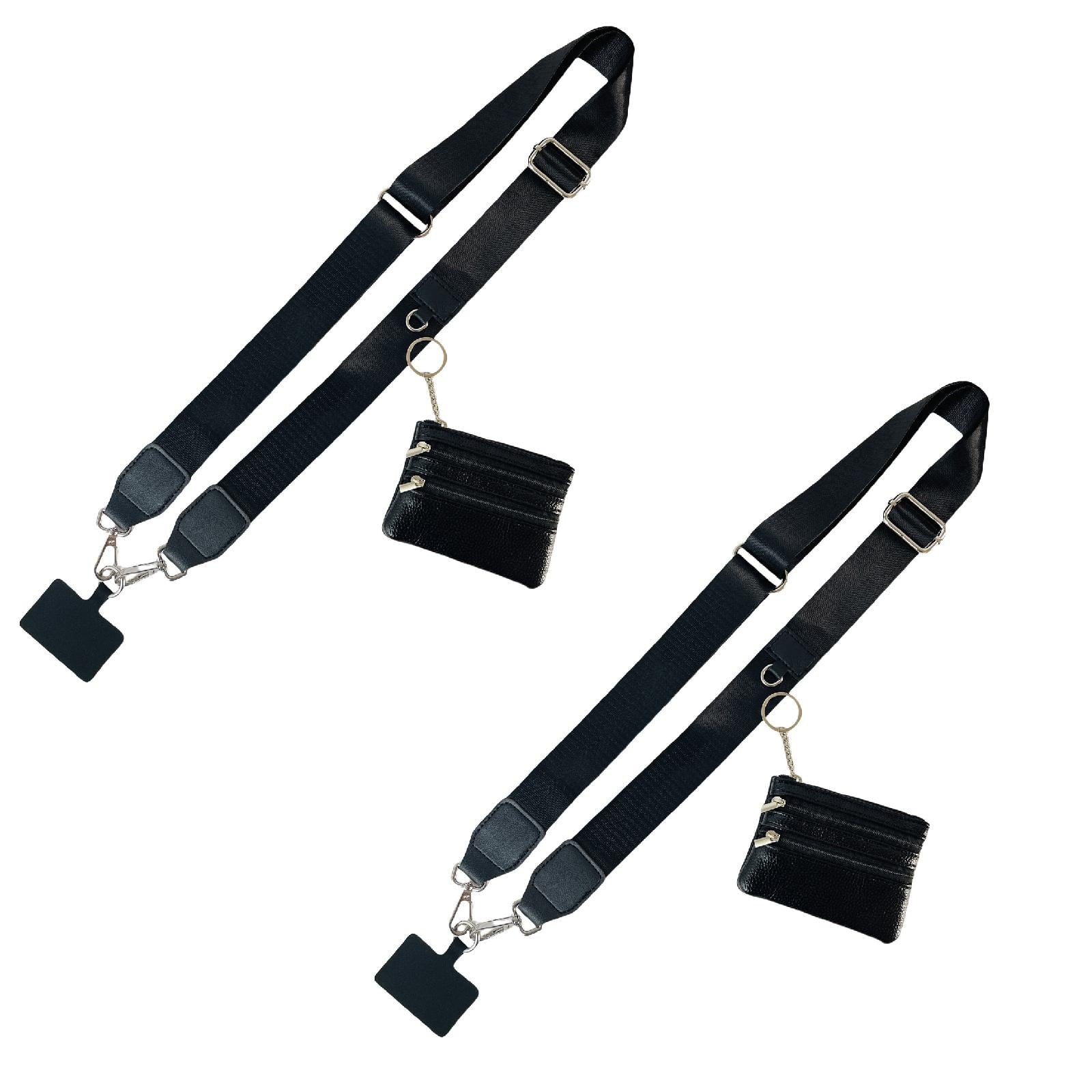 Clip and Go Phone Strap with Zipper Pouch,Crossbody Adjustable Chain Lanyard with PU Leather Wallet for All Phones Black-2pcs