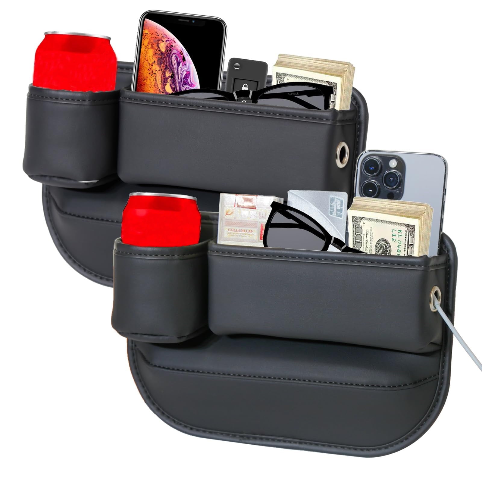 DEIKAL 2 Pack Car Leather Cup Holder Gap Bag - Car Seat Gap Filler & Organizer, Adjustable Seat Gap Storage Box for Phones, Glasses, Keys, Cards