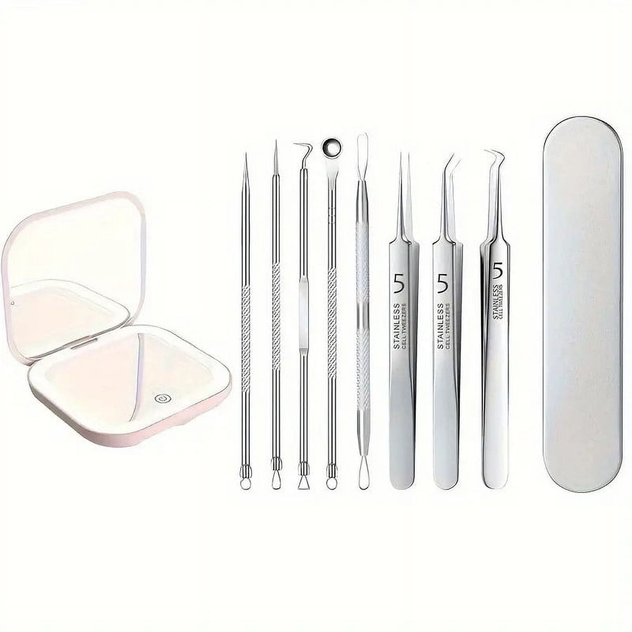 BYXAS Pimple Popper Tool Kit, 8 PCS Professional Stainless Steel Blackhead Remover Comedone Extractor Tools for Removing Zit on Face - Acne Removal Kit with Metal Case (Silver) 8 PCS with Makeup Mirror