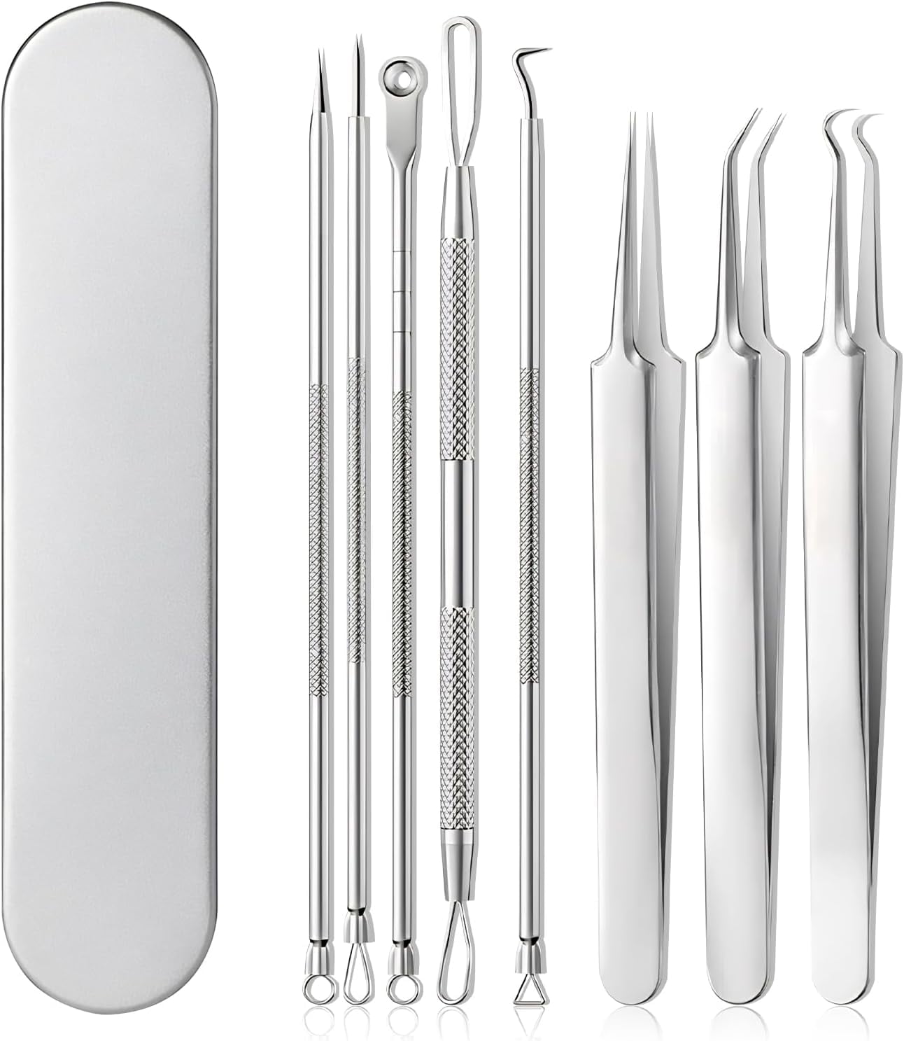BYXAS Pimple Popper Tool Kit, 8 PCS Professional Stainless Steel Blackhead Remover Comedone Extractor Tools for Removing Zit on Face - Acne Removal Kit with Metal Case (Silver) 8PCS