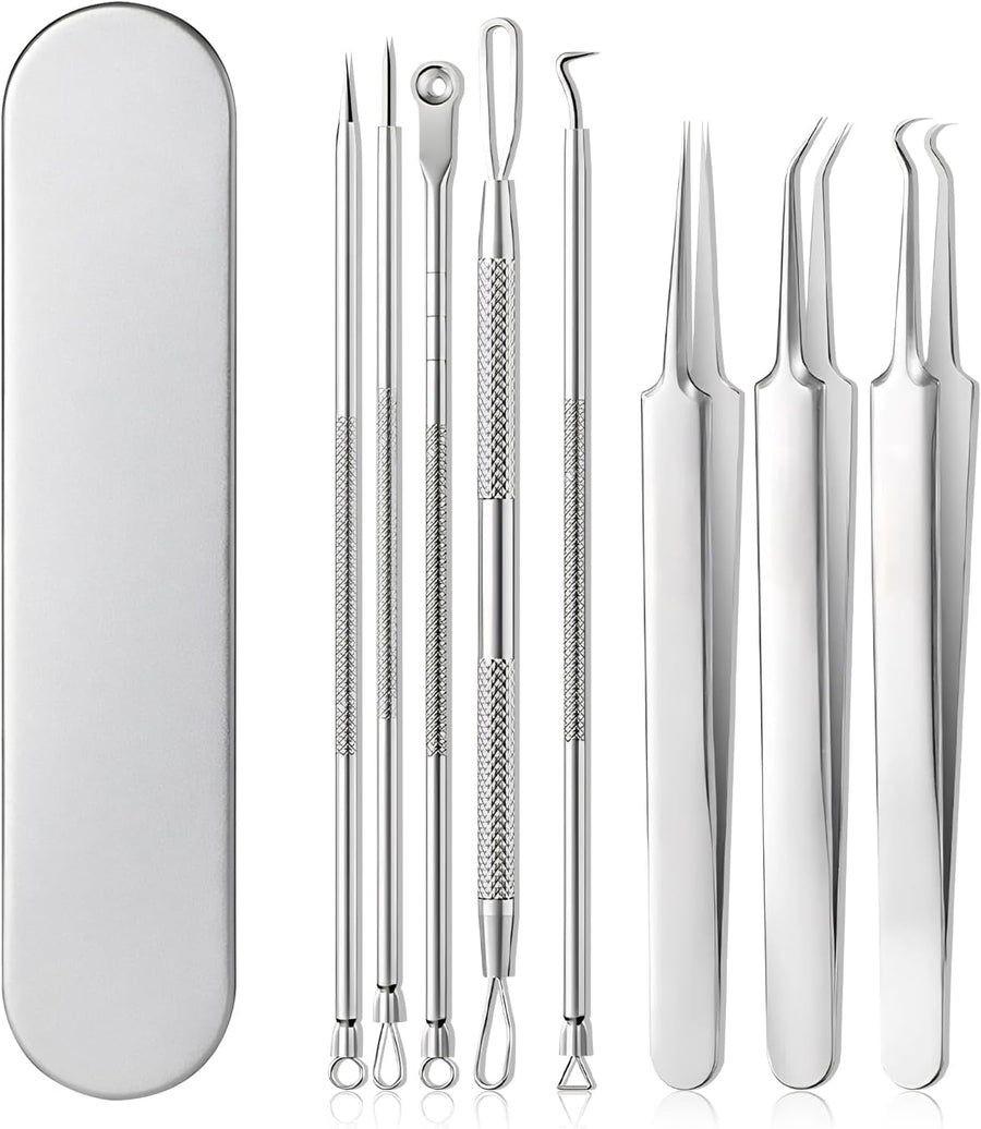 BYXAS Pimple Popper Tool Kit, 8 PCS Professional Stainless Steel Blackhead Remover Comedone Extractor Tools for Removing Zit on Face - Acne Removal Kit with Metal Case (Silver) 8PCS