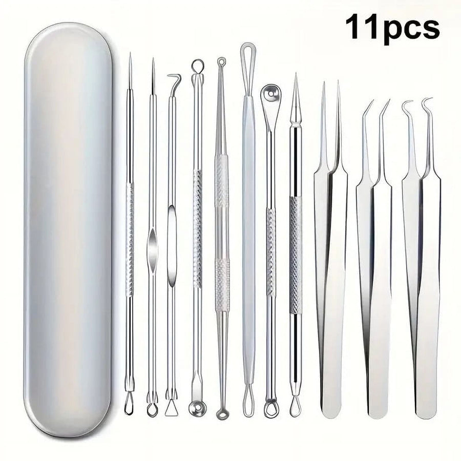 BYXAS Pimple Popper Tool Kit, 8 PCS Professional Stainless Steel Blackhead Remover Comedone Extractor Tools for Removing Zit on Face - Acne Removal Kit with Metal Case (Silver) 11PCS