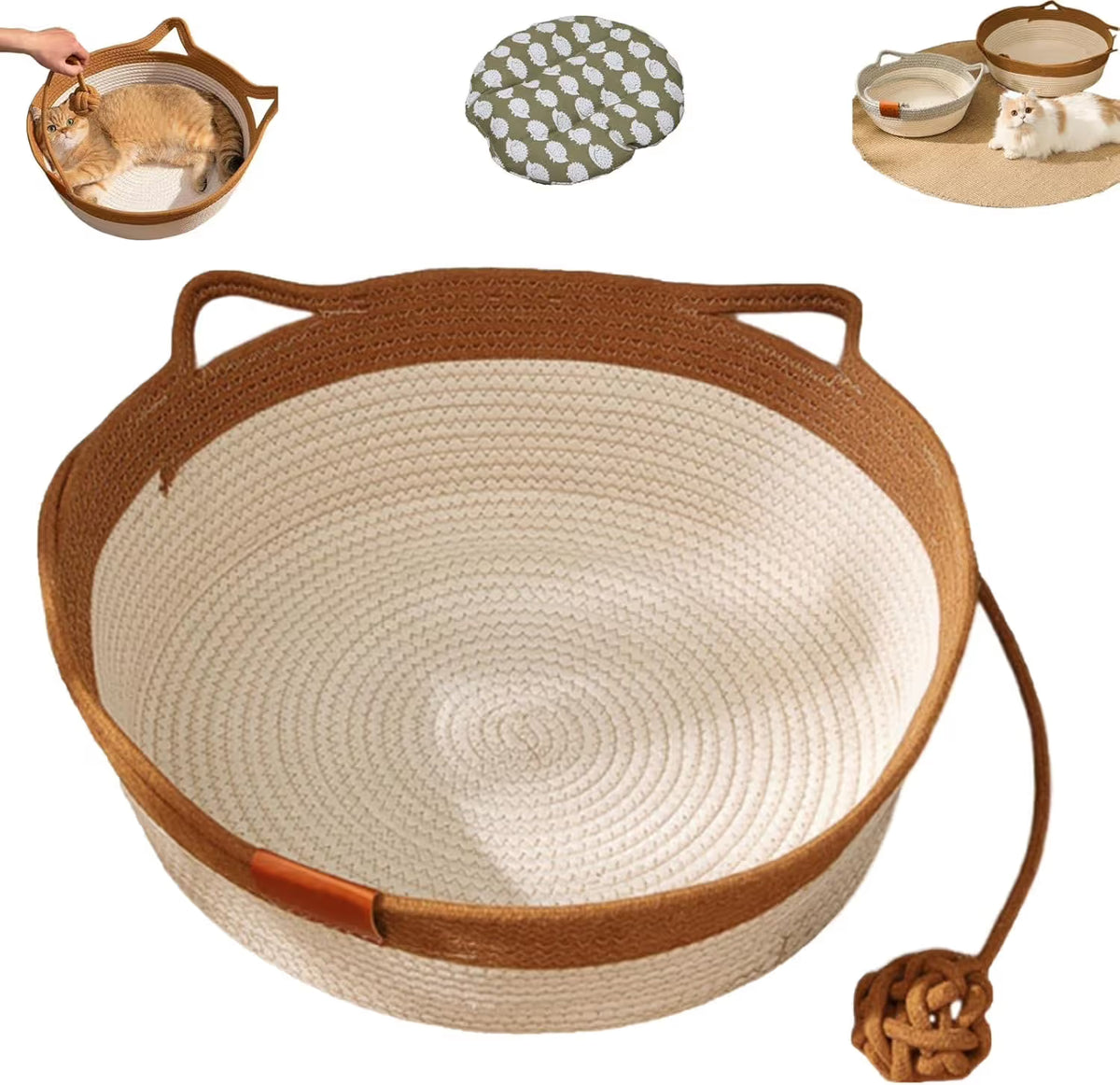 Cat Bed Rope Cotton, Cotton Rope Woven Round Cat Beds Basket with Built-in Teasing Ball, Handwoven Foldable Scratchable for Small & Large pet Brown（M）
