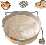 Cat Bed Rope Cotton, Cotton Rope Woven Round Cat Beds Basket with Built-in Teasing Ball, Handwoven Foldable Scratchable for Small & Large pet Gray（S）
