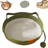 Cat Bed Rope Cotton, Cotton Rope Woven Round Cat Beds Basket with Built-in Teasing Ball, Handwoven Foldable Scratchable for Small & Large pet Green（M）