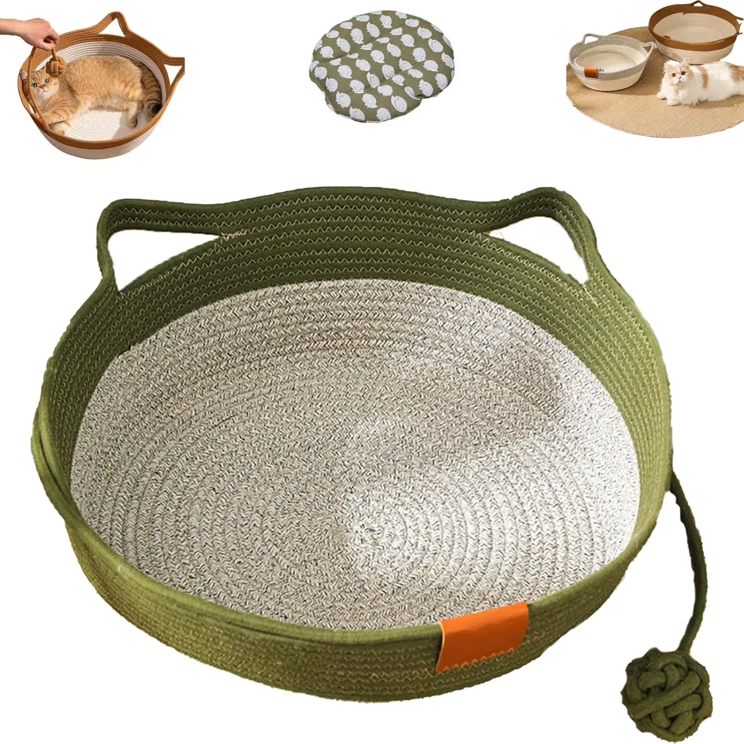Cat Bed Rope Cotton, Cotton Rope Woven Round Cat Beds Basket with Built-in Teasing Ball, Handwoven Foldable Scratchable for Small & Large pet Green（M）