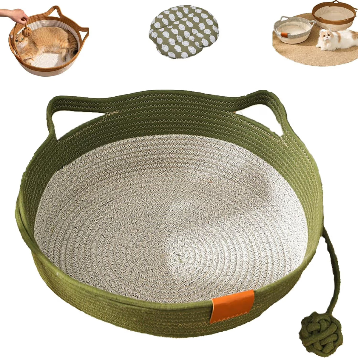 Cat Bed Rope Cotton, Cotton Rope Woven Round Cat Beds Basket with Built-in Teasing Ball, Handwoven Foldable Scratchable for Small & Large pet Green（M）