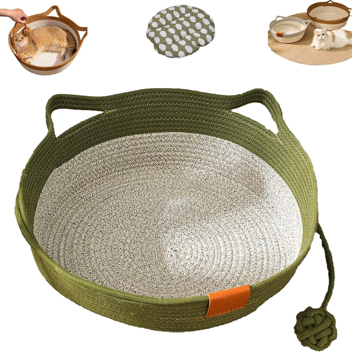 Stimulicat Cat Bed Rope Cotton, Stimuli cat Basket Bed, Cotton Rope Woven Round Cat Beds Basket with Built-in Teasing Ball, Handwoven Foldable Scratchable for Small & Large pet Green