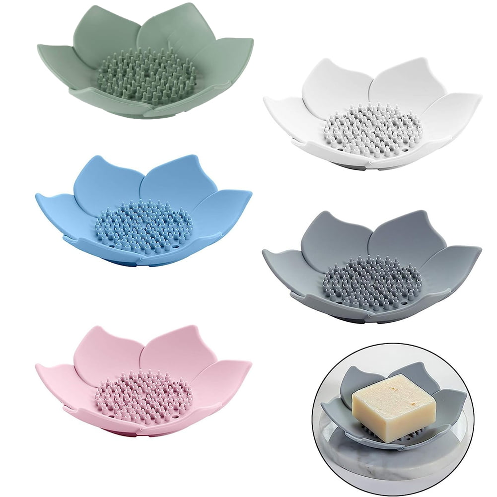 Silicone Soap Dishes with Draining - Lotus Shaped Bathroom Bar Soap Holder for Shower - Soap Tray for Kitchen Sink - Floral Shape Soap Saver for Counter Bathtub(1/4 Pack) Multicolor-5PCS
