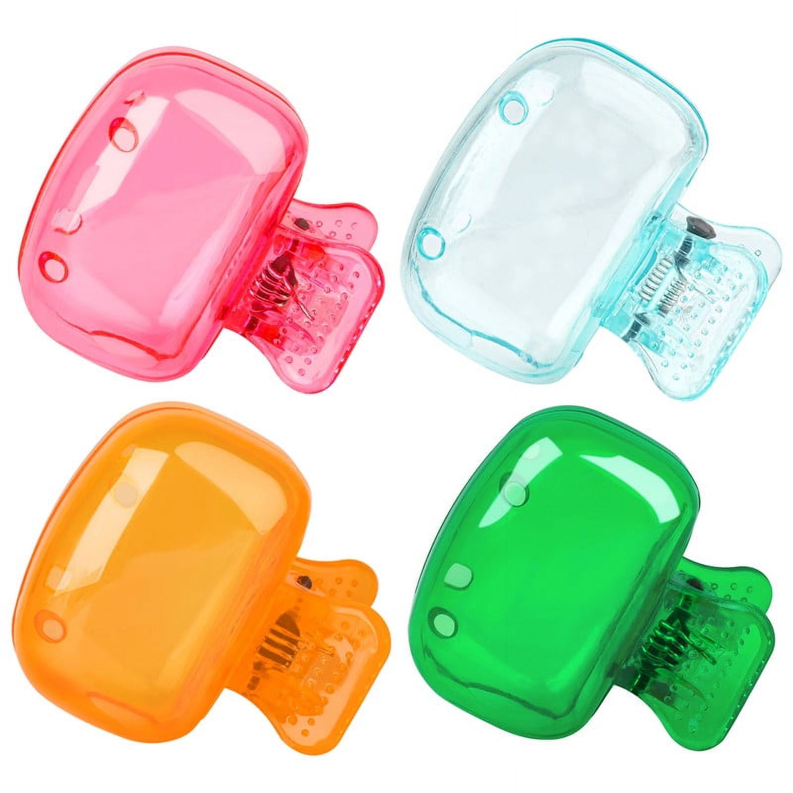 4 Pack Travel Toothbrush Head Covers Portable Toothbrush Protector Cap Brush Pod Case Protective Plastic Clip for Household Travel, Camping, Bathroom, School, Business Red, Green, Pink, Clear