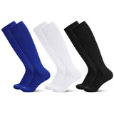 HEQUSIGNS 3 Pairs Kids Soccer Socks,Boys Girls Long Hockey Rugby Socks,Unisex Anti-slip Towel Bottom Football Socks for Children Aged 4-13 to Playing Sports Black+Blue+White